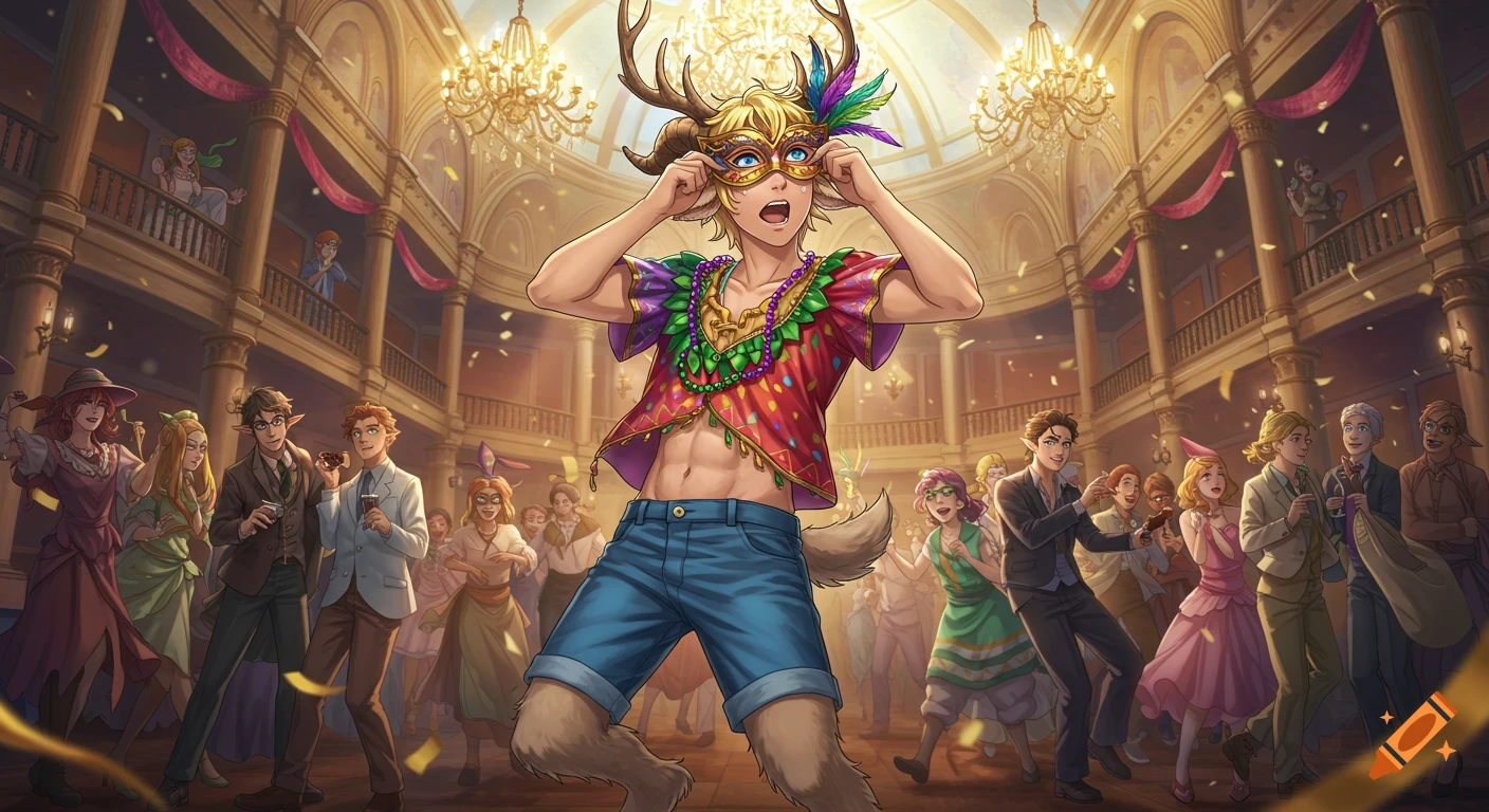 Anime art of a blond satyr with antlers and hooves adjusting a mask at a vibrant Mardi Gras party in a grand ballroom.