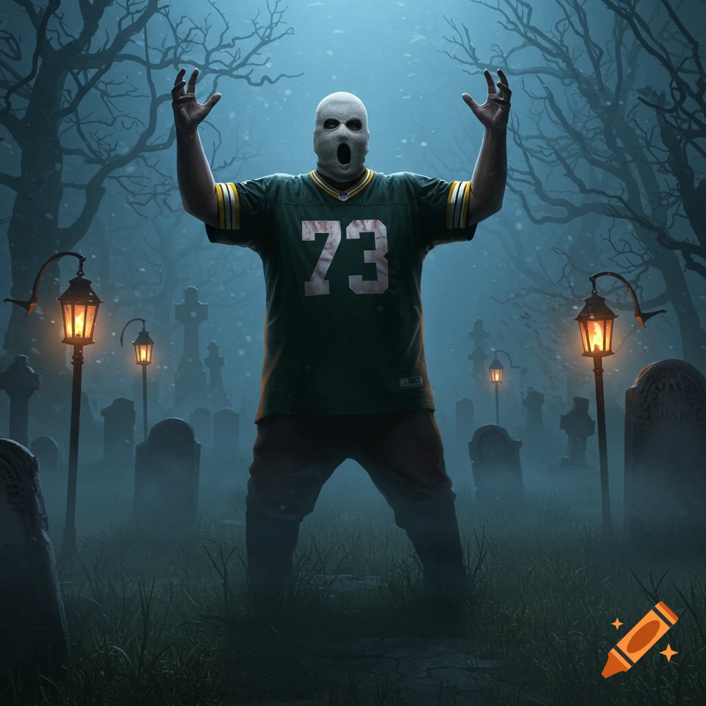 A zombie-like figure in a green Packers jersey and white ski mask stands in a foggy graveyard at night, arms raised.