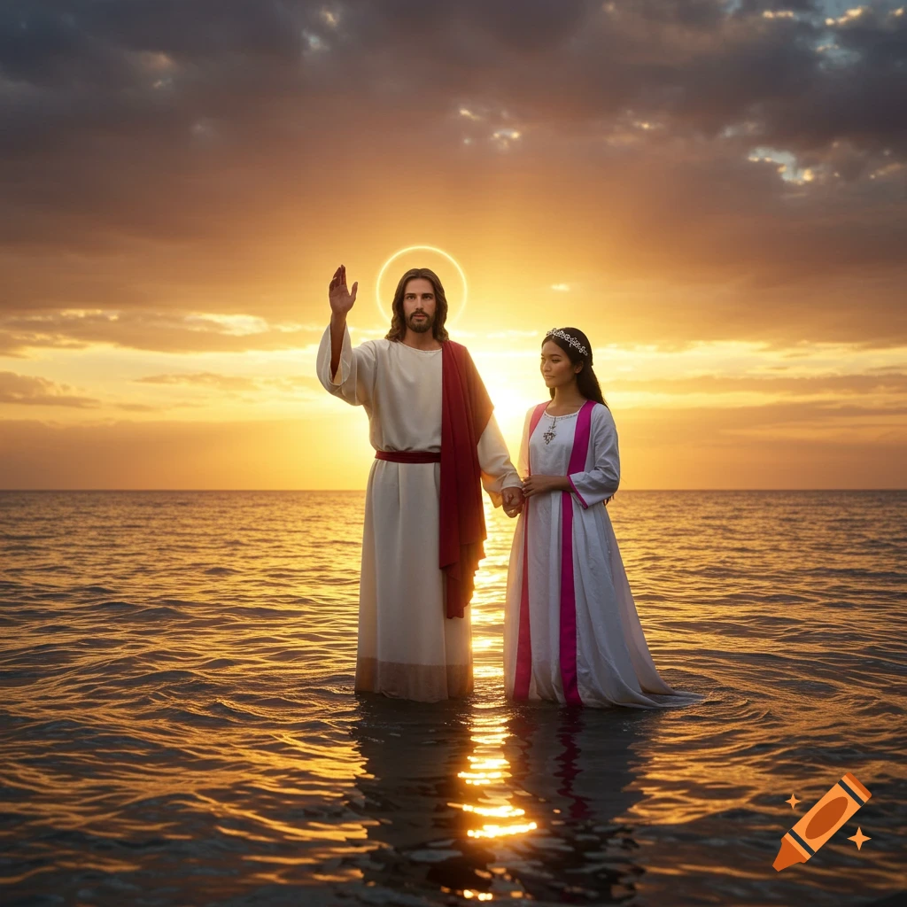 Photorealistic image of Jesus Christ with a halo and a woman standing in the ocean at sunset, glowing with golden light.