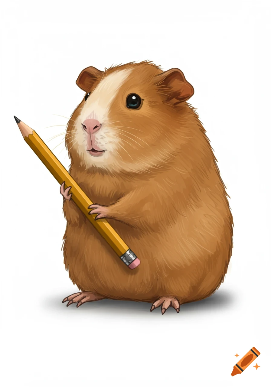 An illustrated brown and white guinea pig sitting upright and holding a yellow pencil.