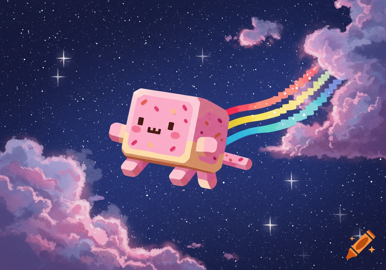 Nyan Cat, a pop-tart cat with a smiling face, flies through a starry night sky, leaving a rainbow trail behind pink and purple clouds.