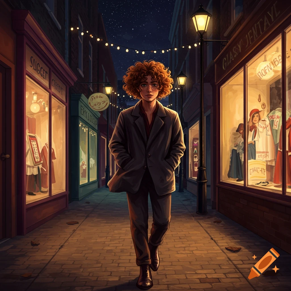 A person with curly auburn hair and a dark coat walks down a narrow, cobblestone street lined with glowing shops under a starry night sky, in a stylized illustration.