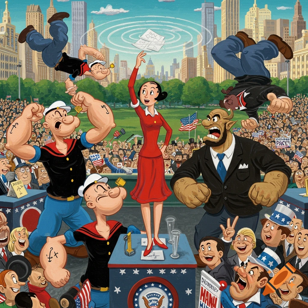Popeye, Olive Oyl, and Bluto in a cartoon political rally. Olive Oyl, in a red dress, holds a ballot above her head while an angry Bluto and an exhausted Popeye compete. A crowd and city skyline are in the background. Classic cartoon style.