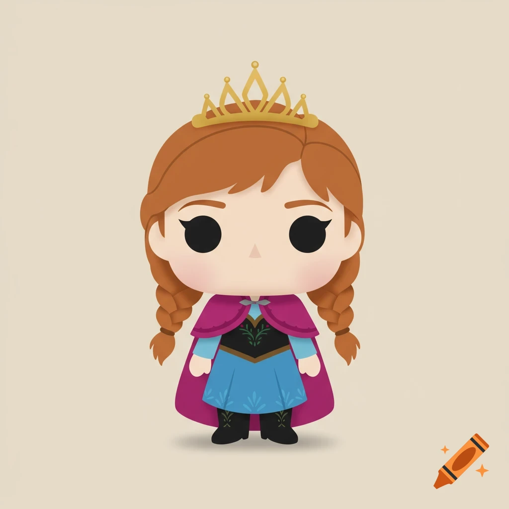A cute, minimalist vinyl figurine of Anna from Frozen, with auburn braided hair, a gold crown, and her blue and magenta outfit, against a plain background.