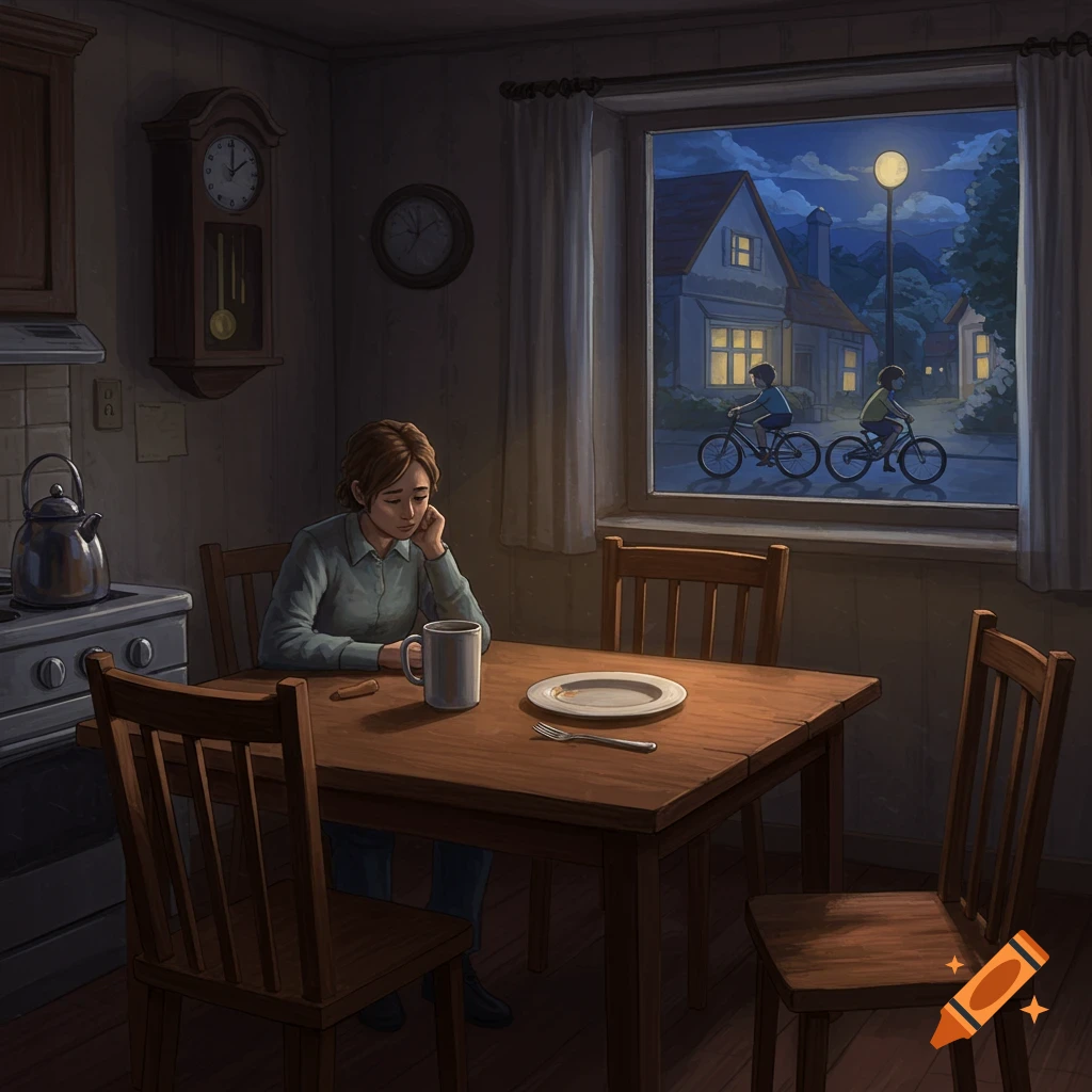 A sad woman sits alone at a table in a dimly lit kitchen at night, looking out a window where two children cycle on the street.