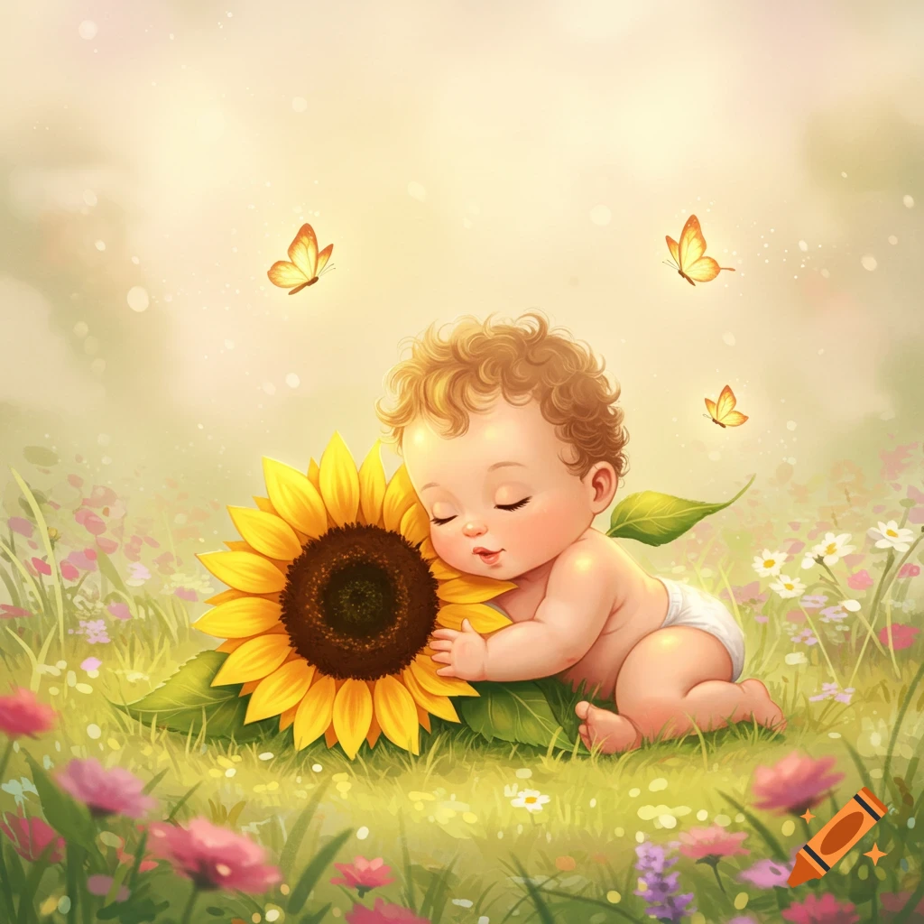 A cute baby with curly hair sleeps peacefully next to a large sunflower in a soft, illustrated field with butterflies.