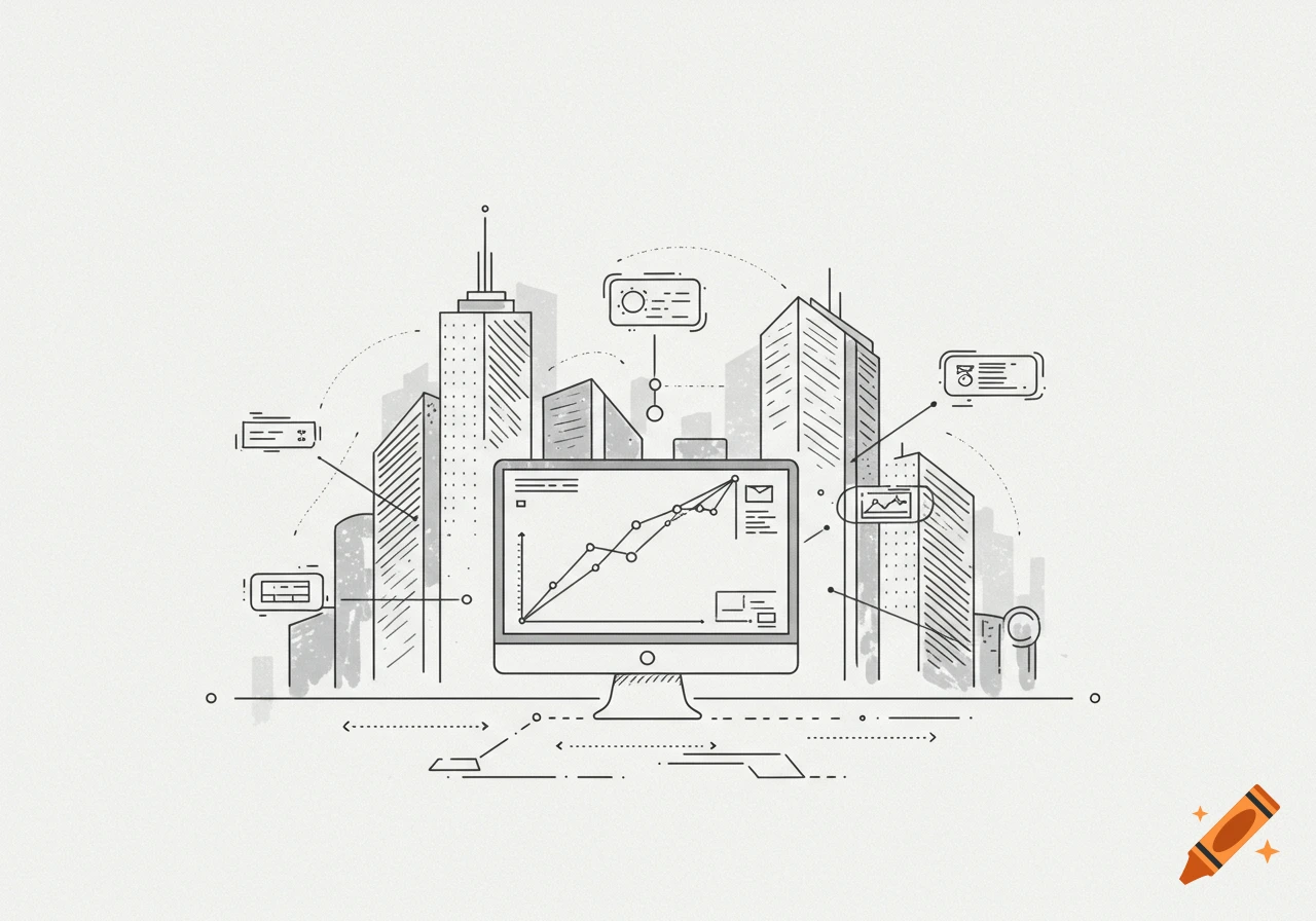 Minimalist line drawing of a city skyline with a computer monitor showing a rising data graph, representing business technology.