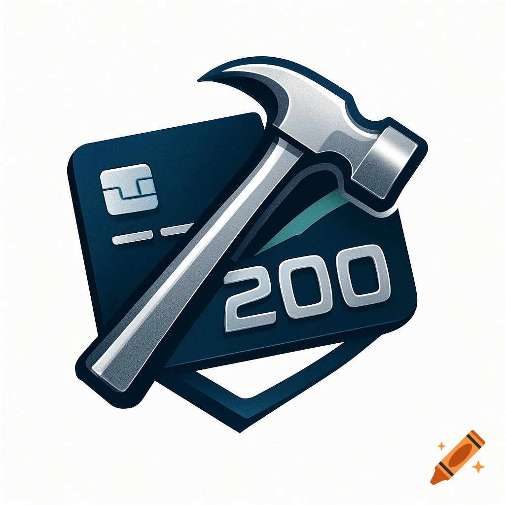 A stylized logo featuring a silver hammer striking a dark blue credit card with a chip and the number 200.