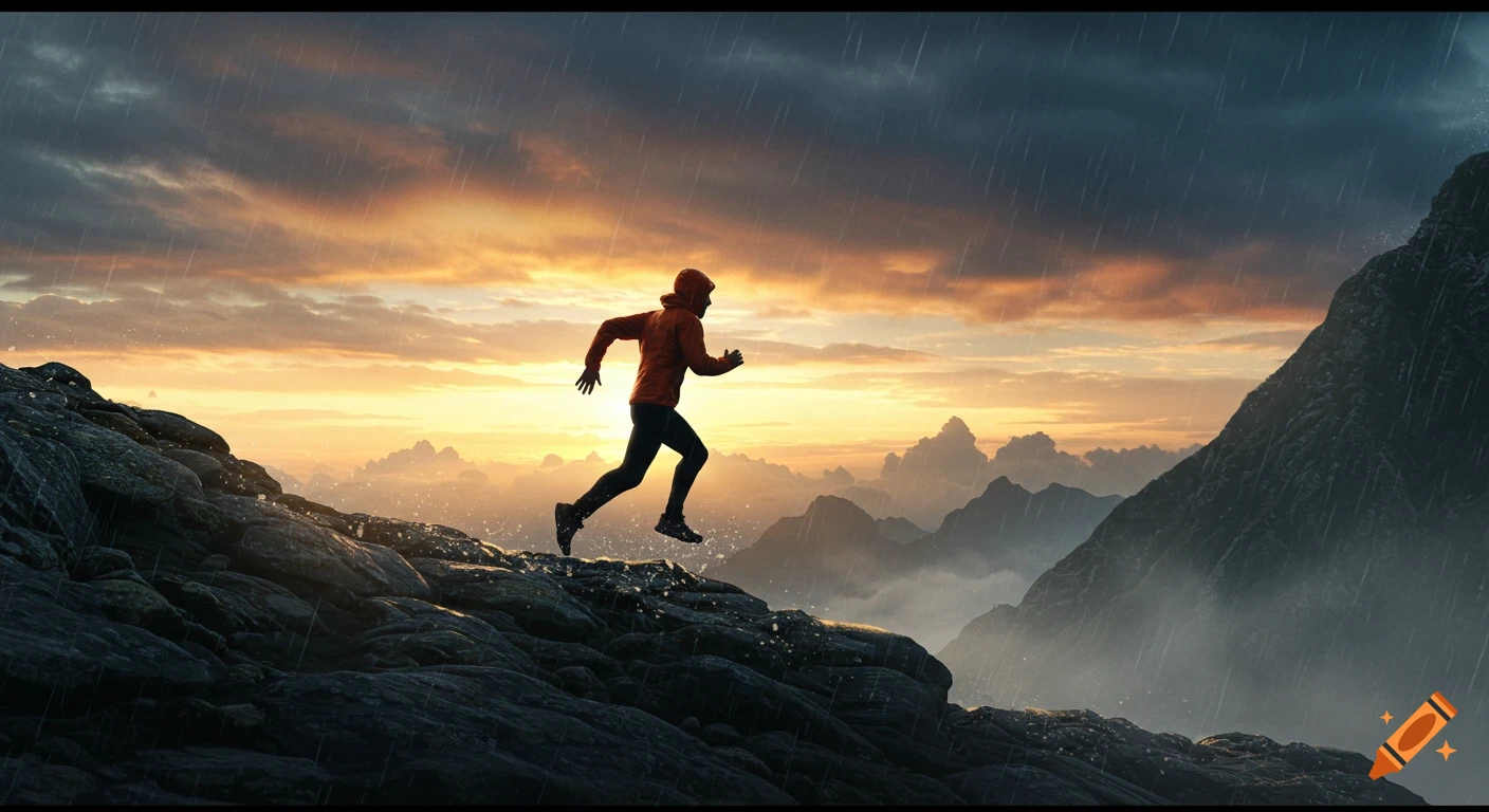 Man in orange jacket trail running on a rocky mountain in the rain against an orange-blue sunset.