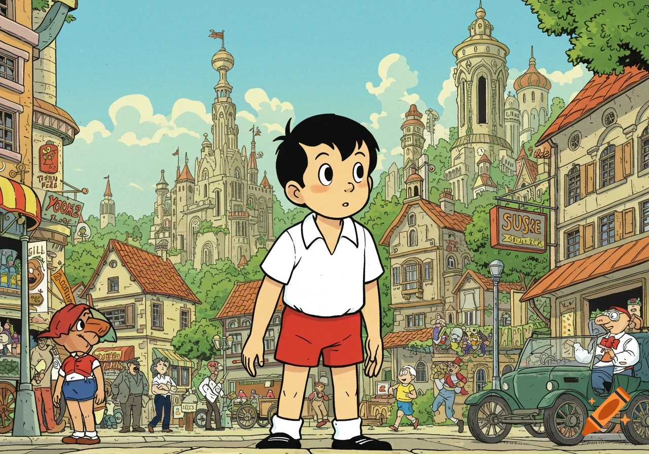 A cartoon boy in a white shirt and red shorts stands in a bustling, whimsical town square with ornate buildings and other characters, comic style.