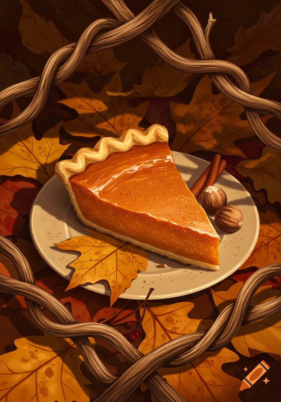 A stylized illustration of a slice of pumpkin pie on a plate, surrounded by autumn leaves and wooden vines.