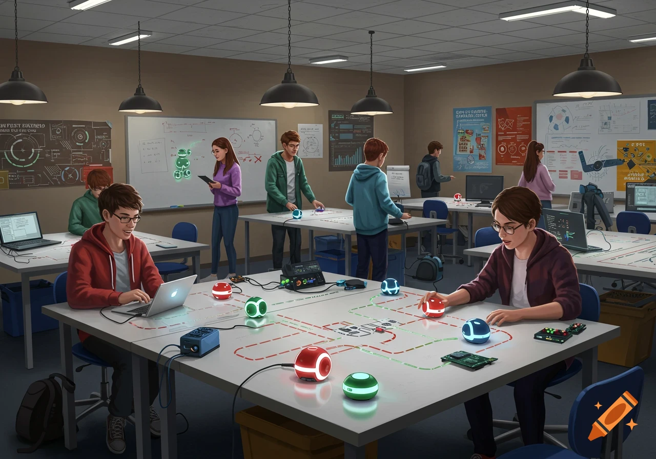 High school students in a computer lab collaborate on a project with glowing Sphero-like robots on tables.