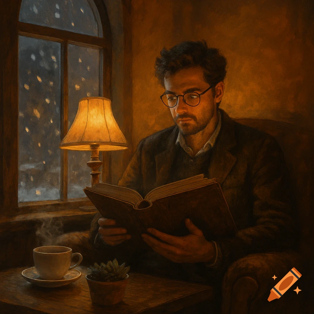 A man with glasses reads a book by a window, illuminated by a warm lamp, with a steaming cup of coffee and a plant on the table.