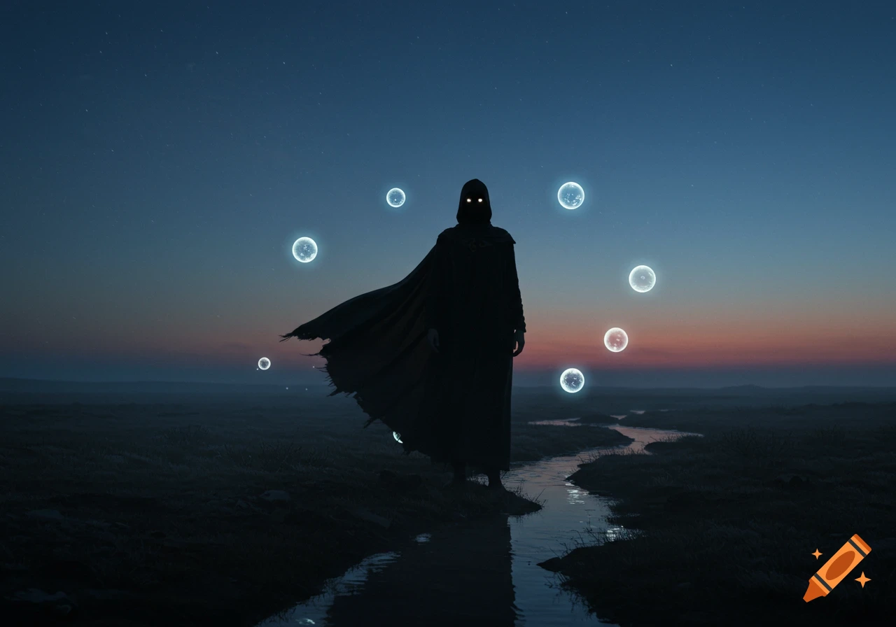 A mysterious cloaked figure with glowing eyes stands in a twilight landscape with floating luminous orbs and a winding stream.