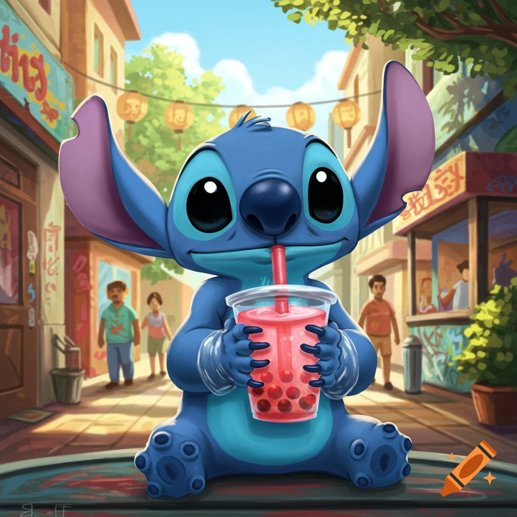 A cartoon Stitch character happily sips bubble tea on a bustling street in an illustrative style.