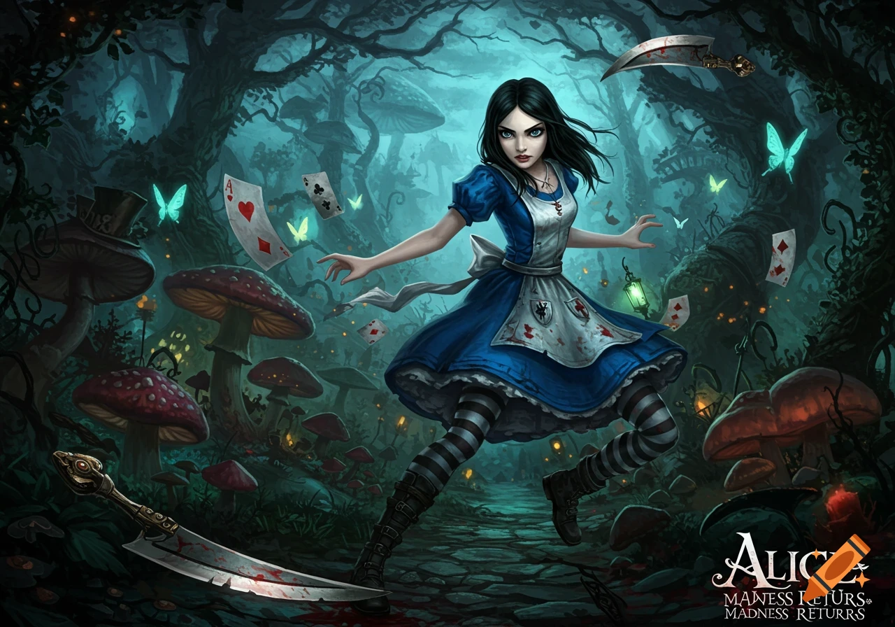 Alice from Madness Returns in a dark fantasy forest with giant mushrooms, holding a bloody knife, surrounded by floating playing cards. Digital art.