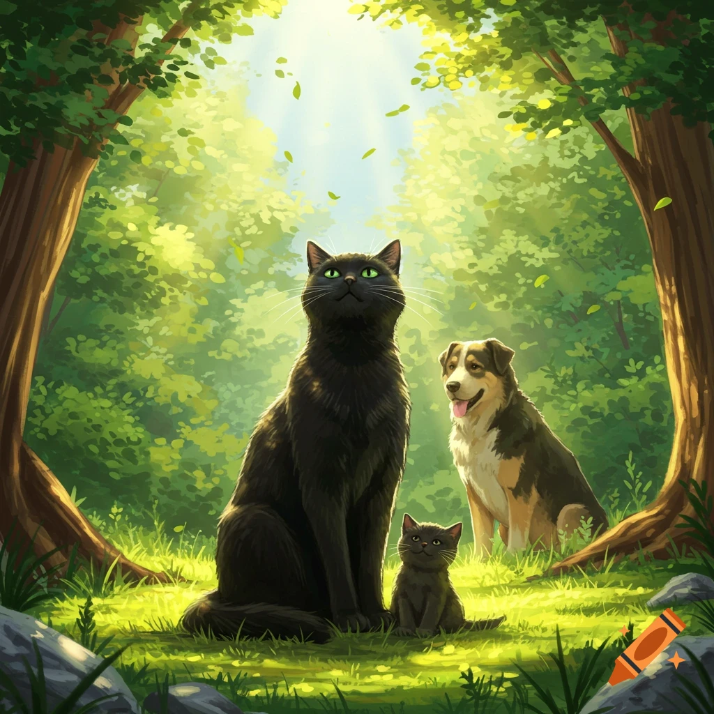 A large black cat, small kitten, and a dog sit happily in a sunny, green forest illustration.