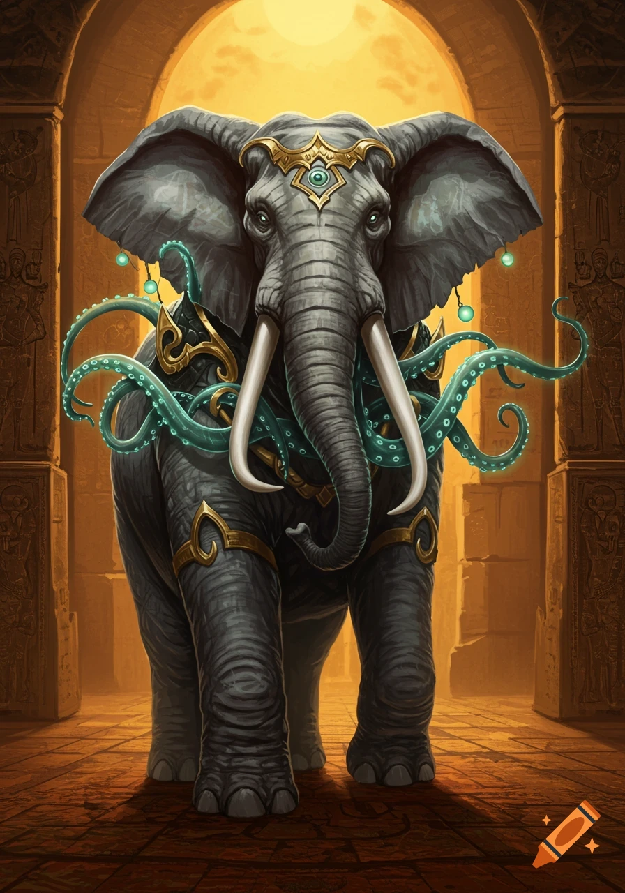 A majestic grey elephant deity with golden armor and glowing green tentacles instead of a trunk, standing in an ancient temple archway.