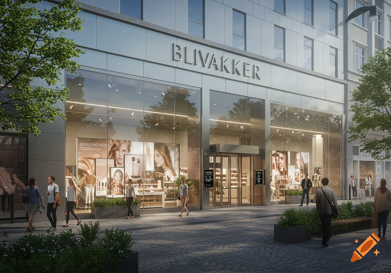 Photorealistic image of the BliVakker store from the outside, featuring large glass windows with cosmetic ads, and people walking on a cobblestone street.