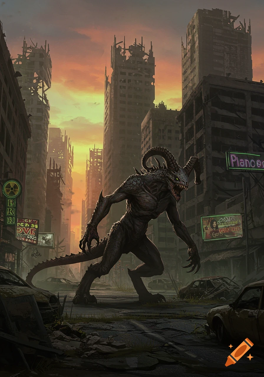 A monstrous, horned, reptilian creature stands in the middle of a destroyed city street at sunset, with ruined skyscrapers and neon signs in the background, in a digital painting style.