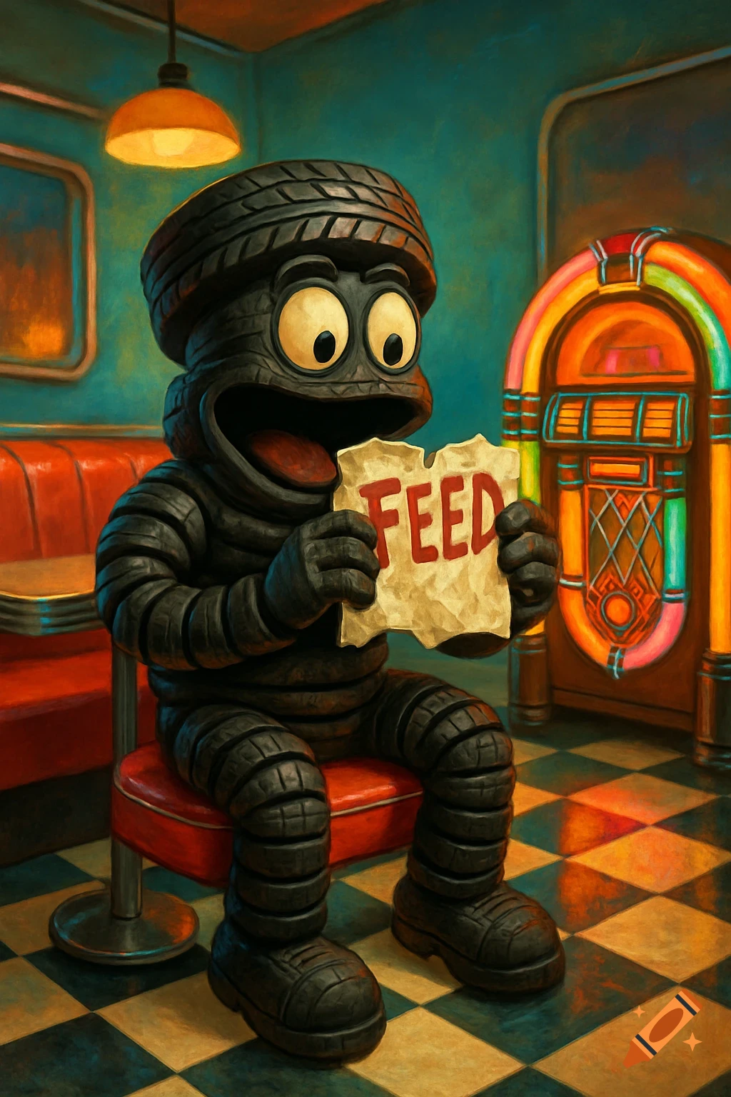 Cartoon tire man in a diner booth holding a paper with 'FEED' written on it, painterly style.