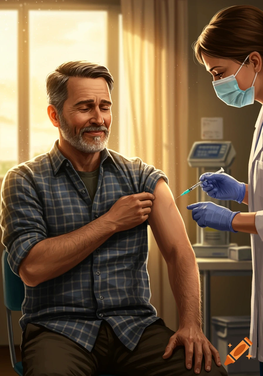 A man in a plaid shirt smiles while receiving a vaccine injection in his arm from a masked healthcare worker.