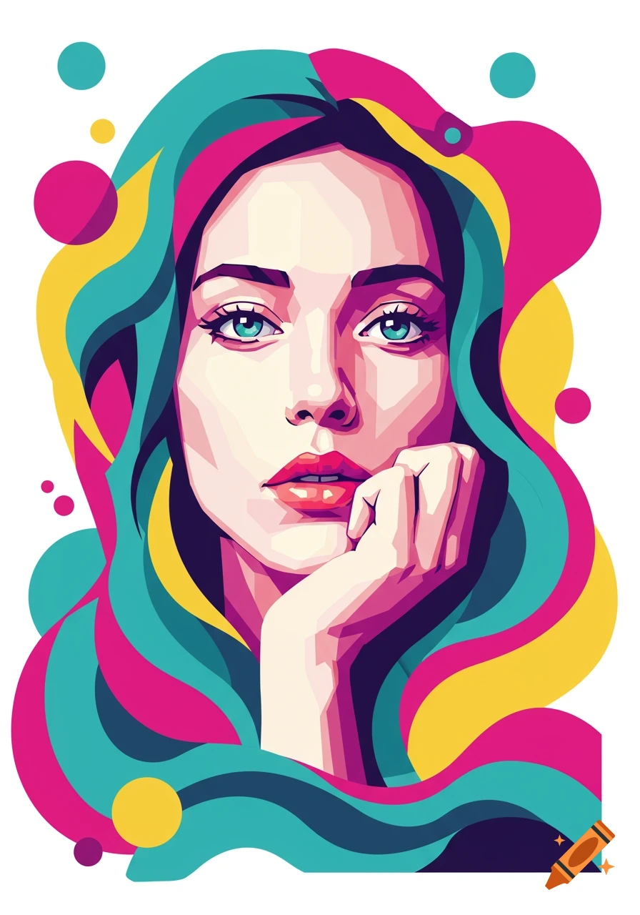 Colorful abstract Pop Art portrait of a woman with vibrant teal, pink, and yellow hair, resting her chin on her hand.