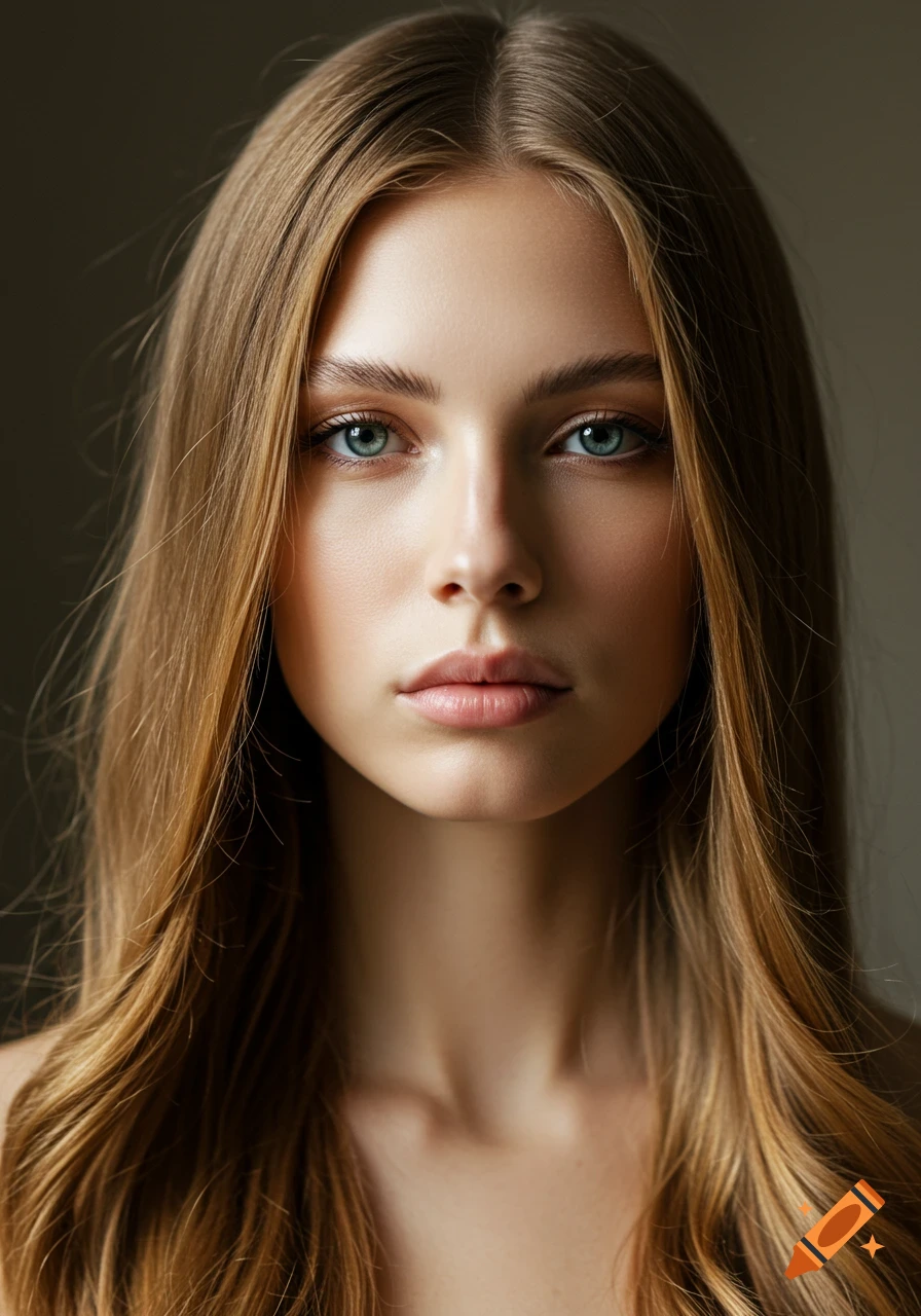 Photorealistic portrait of a young woman with long brown hair and blue eyes, looking directly at the viewer.