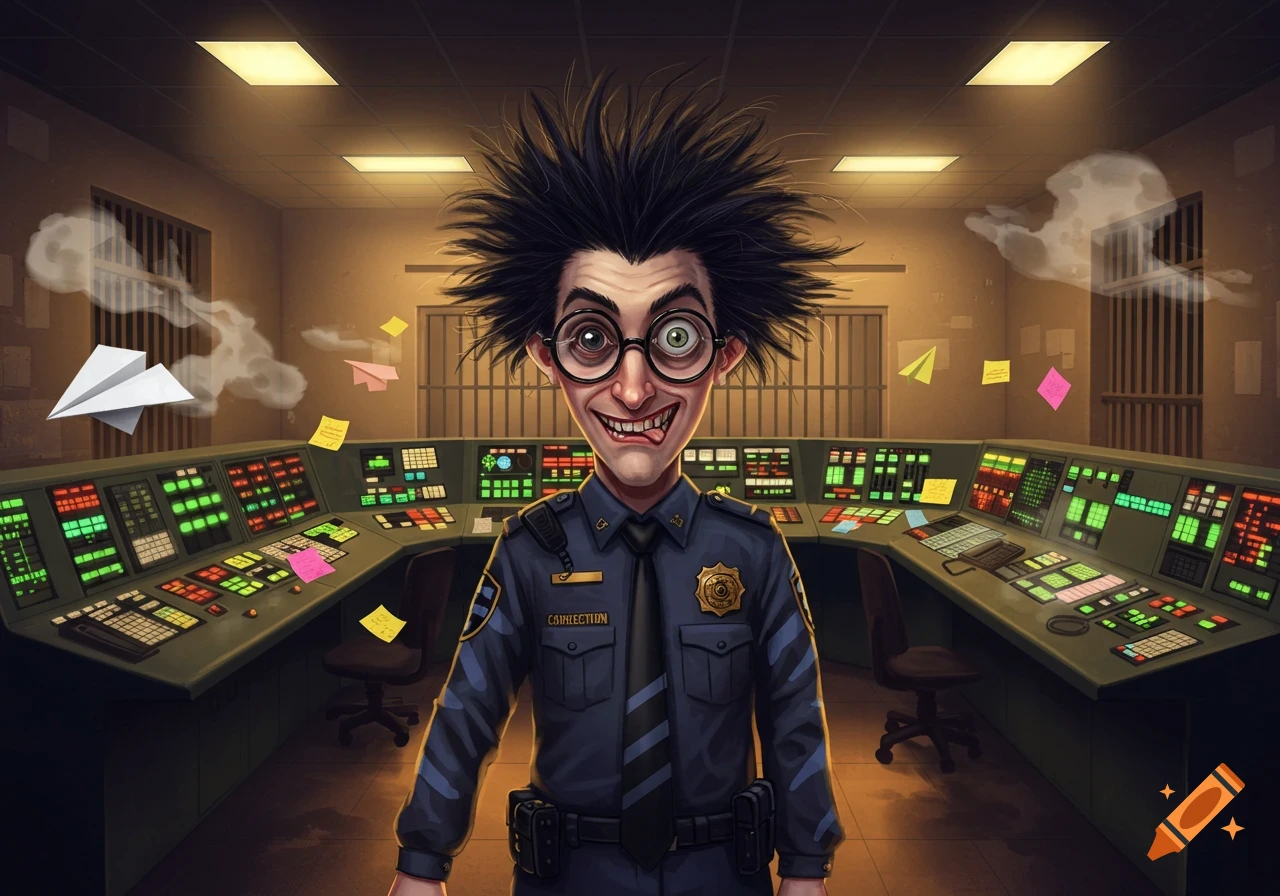 Cartoon of a goofy male corrections officer with wild hair in a control room with paper airplanes.
