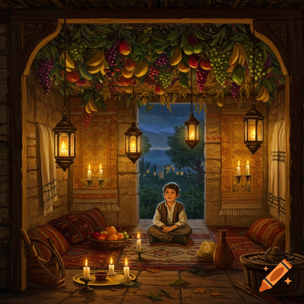 A young boy sits cross-legged in a richly decorated Sukkah, adorned with hanging fruits and lanterns, looking out at the night sky.