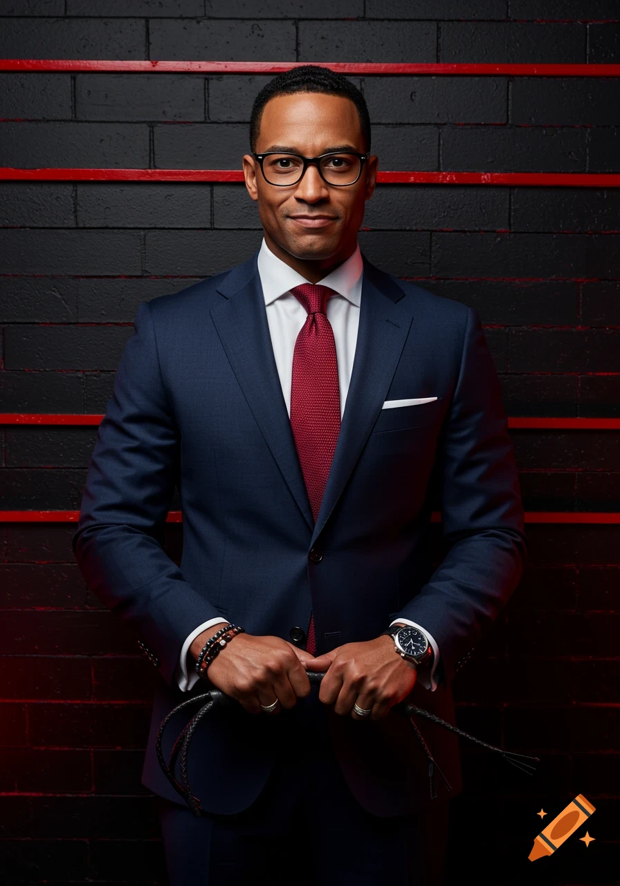 A man in a navy suit and red tie, wearing glasses, stands against a black brick wall with red mortar, holding a whip.