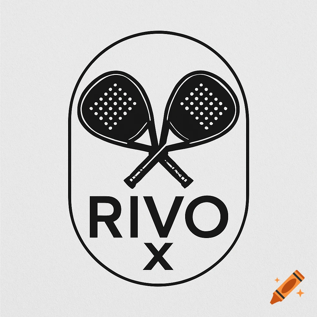 Black and white logo featuring two overlapping padel rackets and the text RIVO X on a light gray textured background.