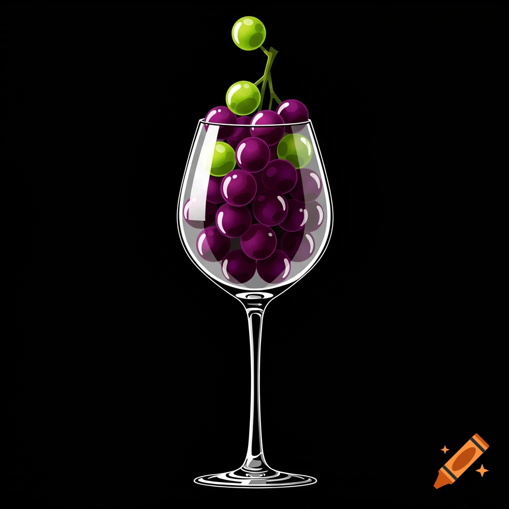 Vector art illustration of a wine glass overflowing with purple and green grapes on a black background.