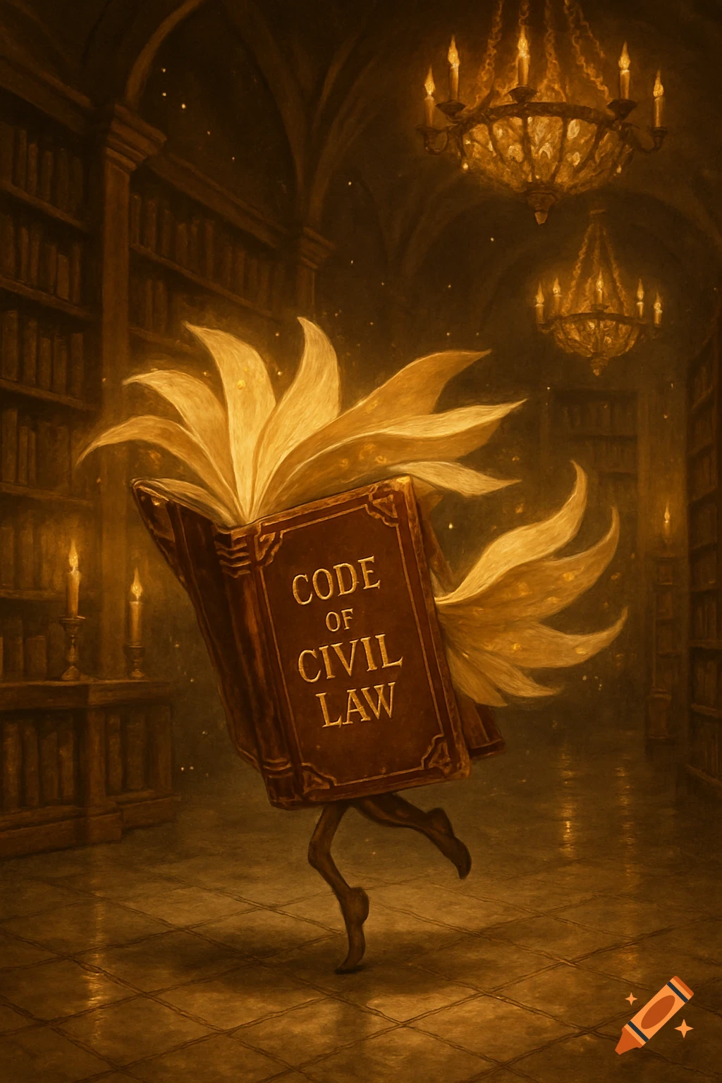 An old, glowing book titled 'CODE OF CIVIL LAW' dances on human-like legs in a dimly lit, grand library filled with bookshelves and chandeliers. Stylized painting.