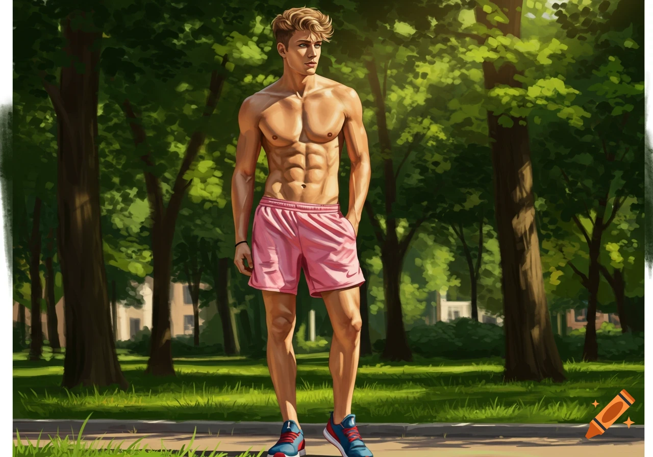 Shirtless blond man with abs wearing pink shorts and blue/red athletic shoes, standing in a sunny park with trees.