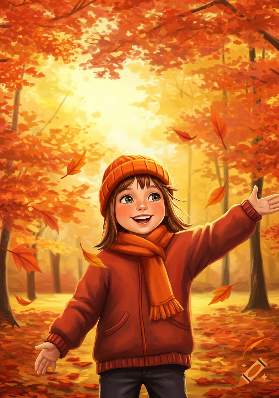 Happy child with brown hair and an orange beanie smiles in a vibrant autumn forest with falling orange leaves, digital illustration.