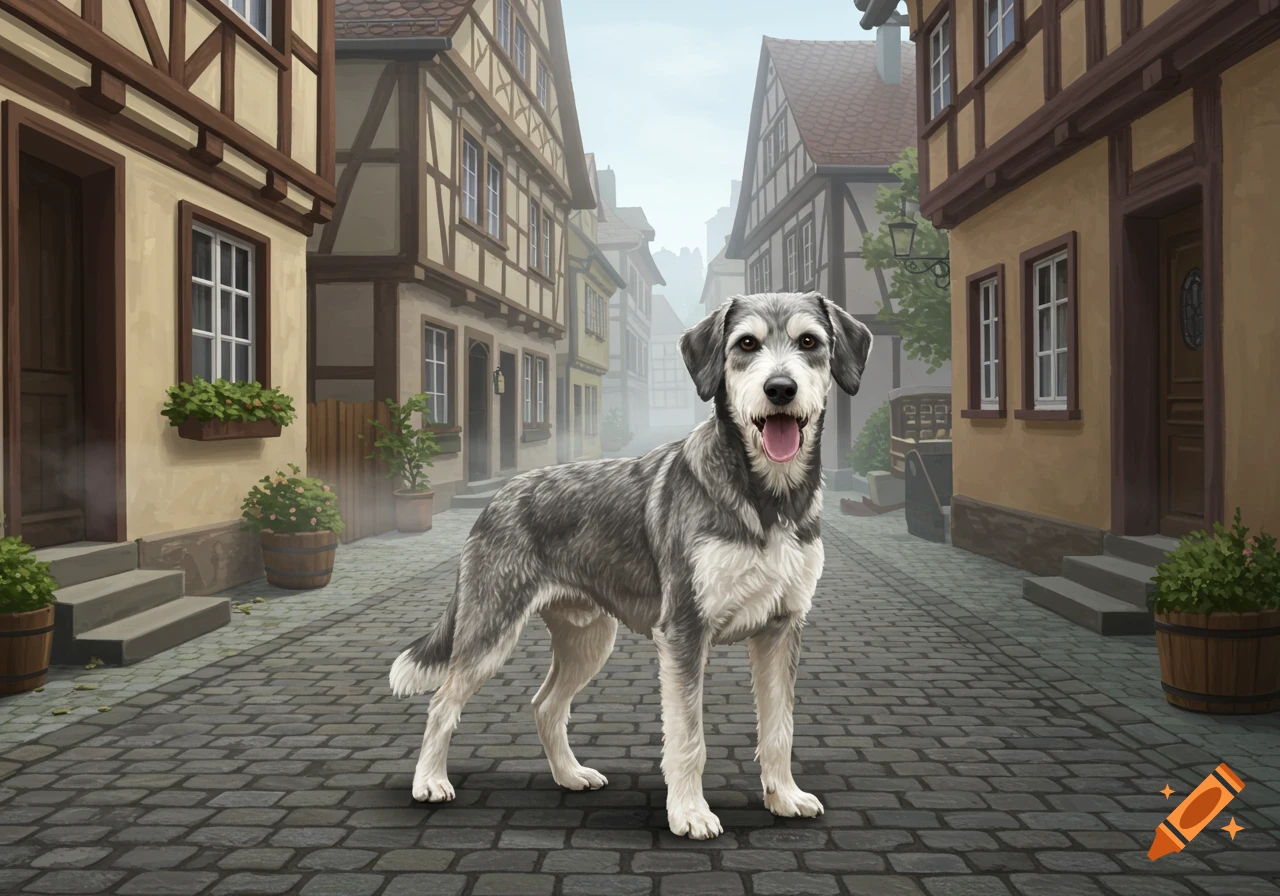 A happy gray and white scruffy dog stands on a cobblestone street lined with old European-style buildings.