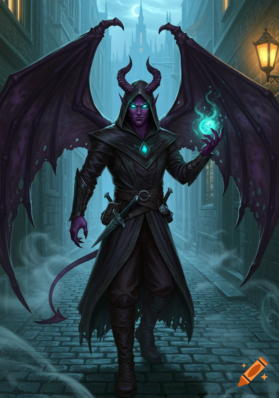 A purple-skinned male Tiefling with large dark wings, horns, and glowing teal eyes wears a hooded robe, holding a magical orb in a dark alley.