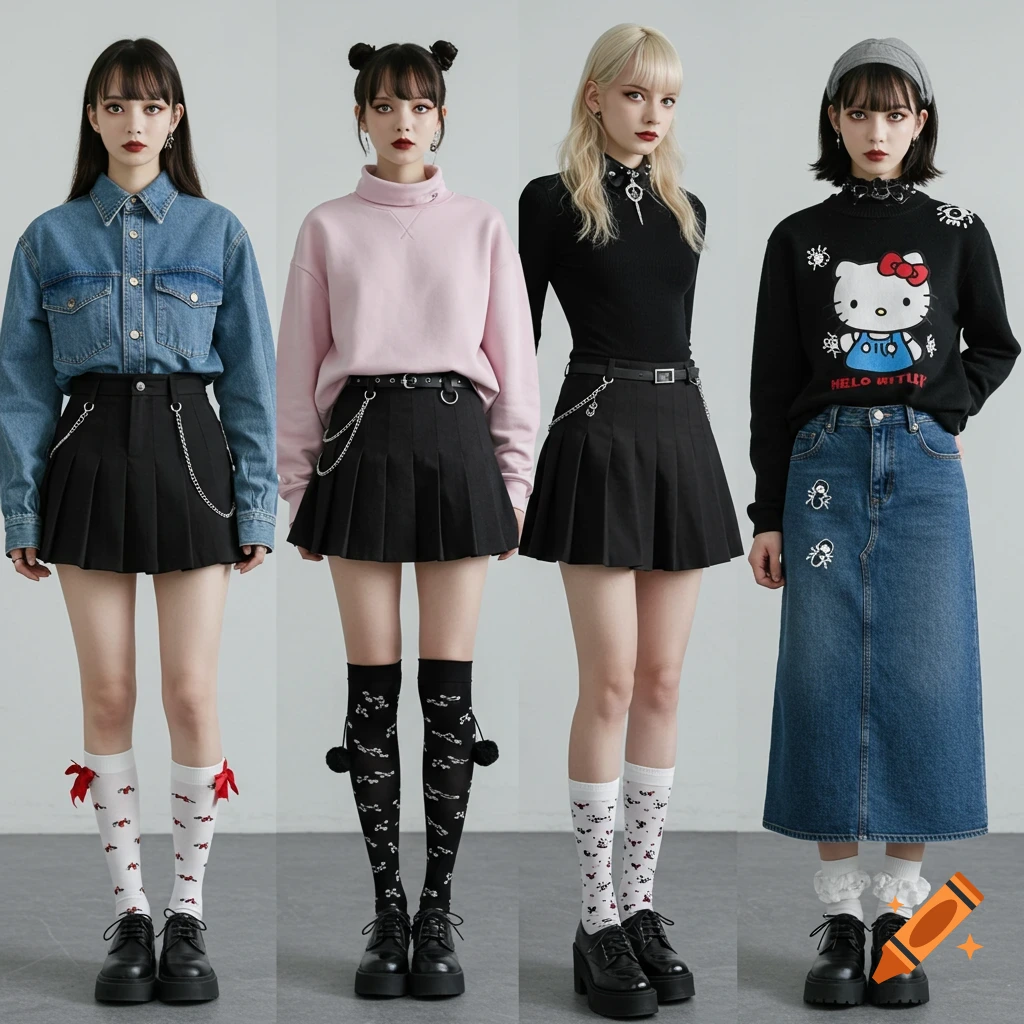 Four female models showcase diverse contemporary outfits with skirts, sweaters, shirts, and patterned socks in a bright studio.