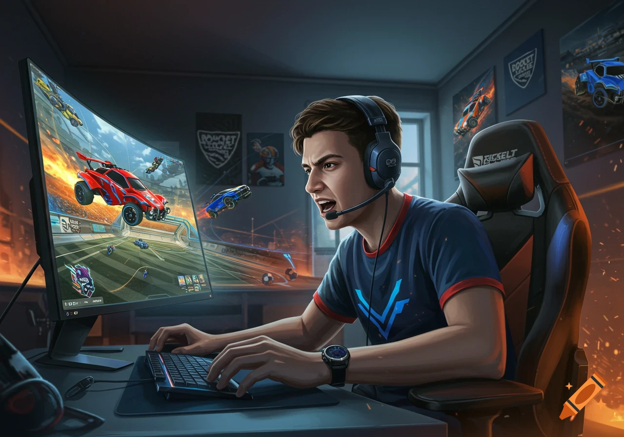A young man wearing a headset intently plays Rocket League on a large curved monitor in a dimly lit room. Stylized illustration.