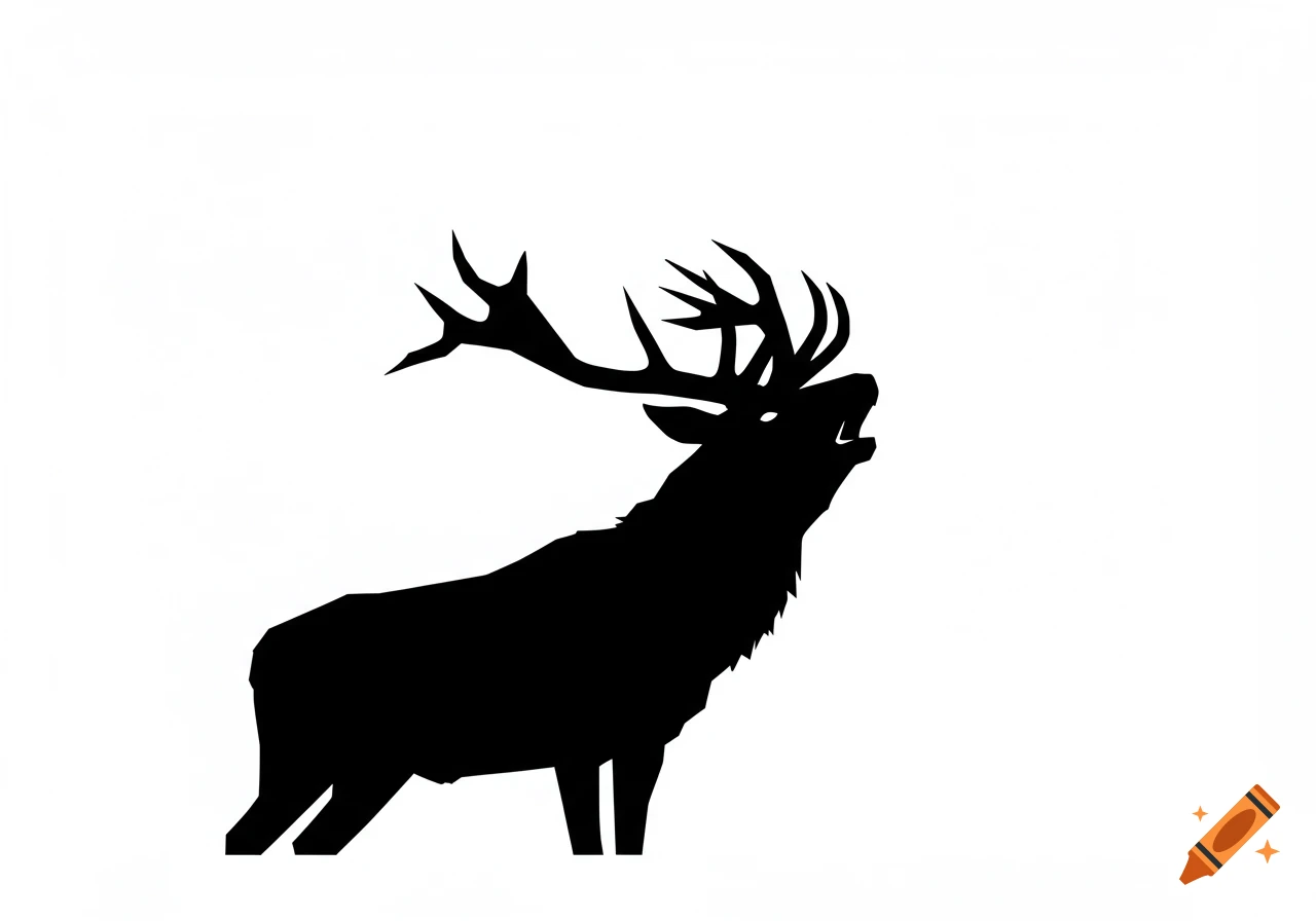 Black silhouette of a roaring stag with large antlers against a white background.