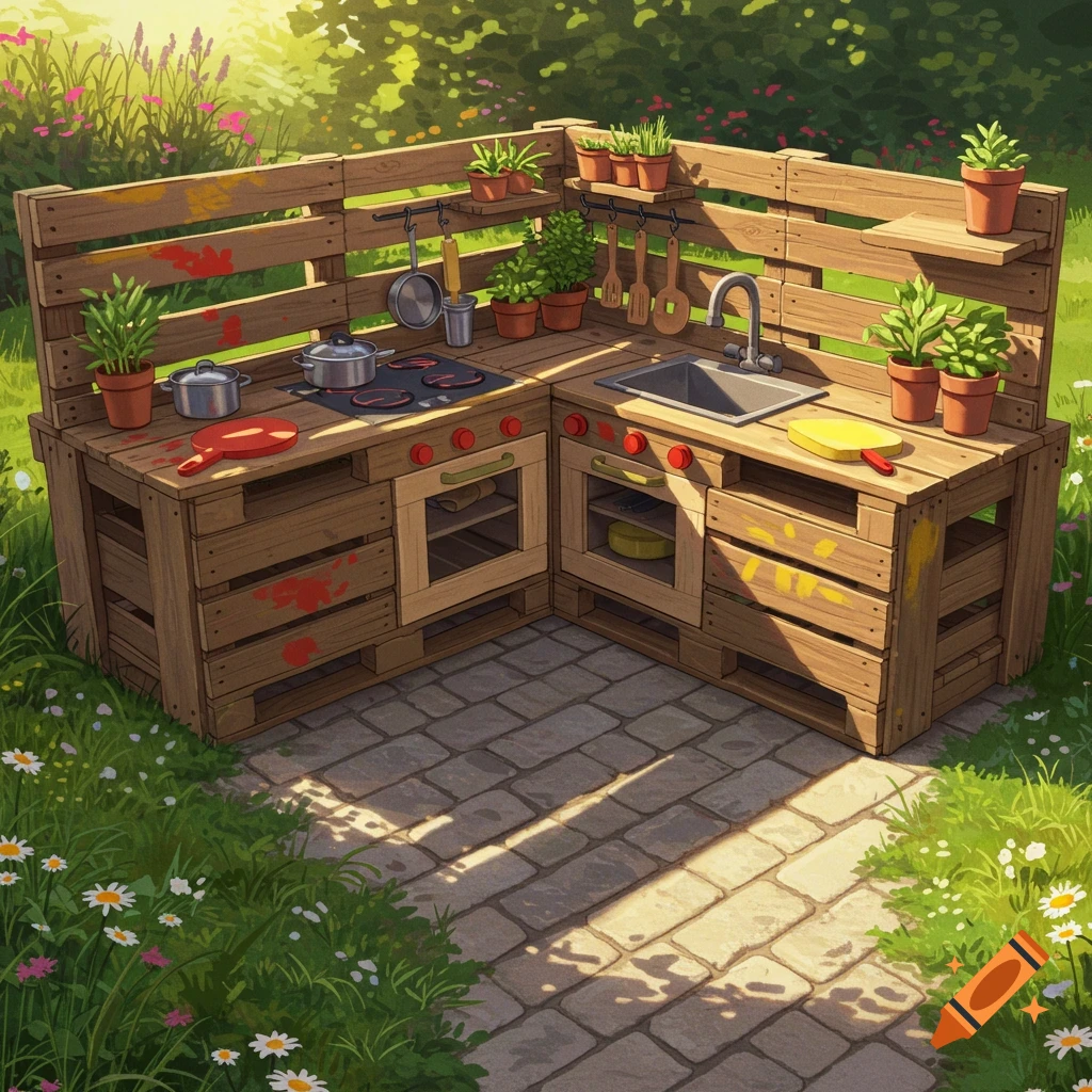 L-shaped outdoor play kitchen made from wooden pallets, surrounded by green grass and flowers in a sunny garden.