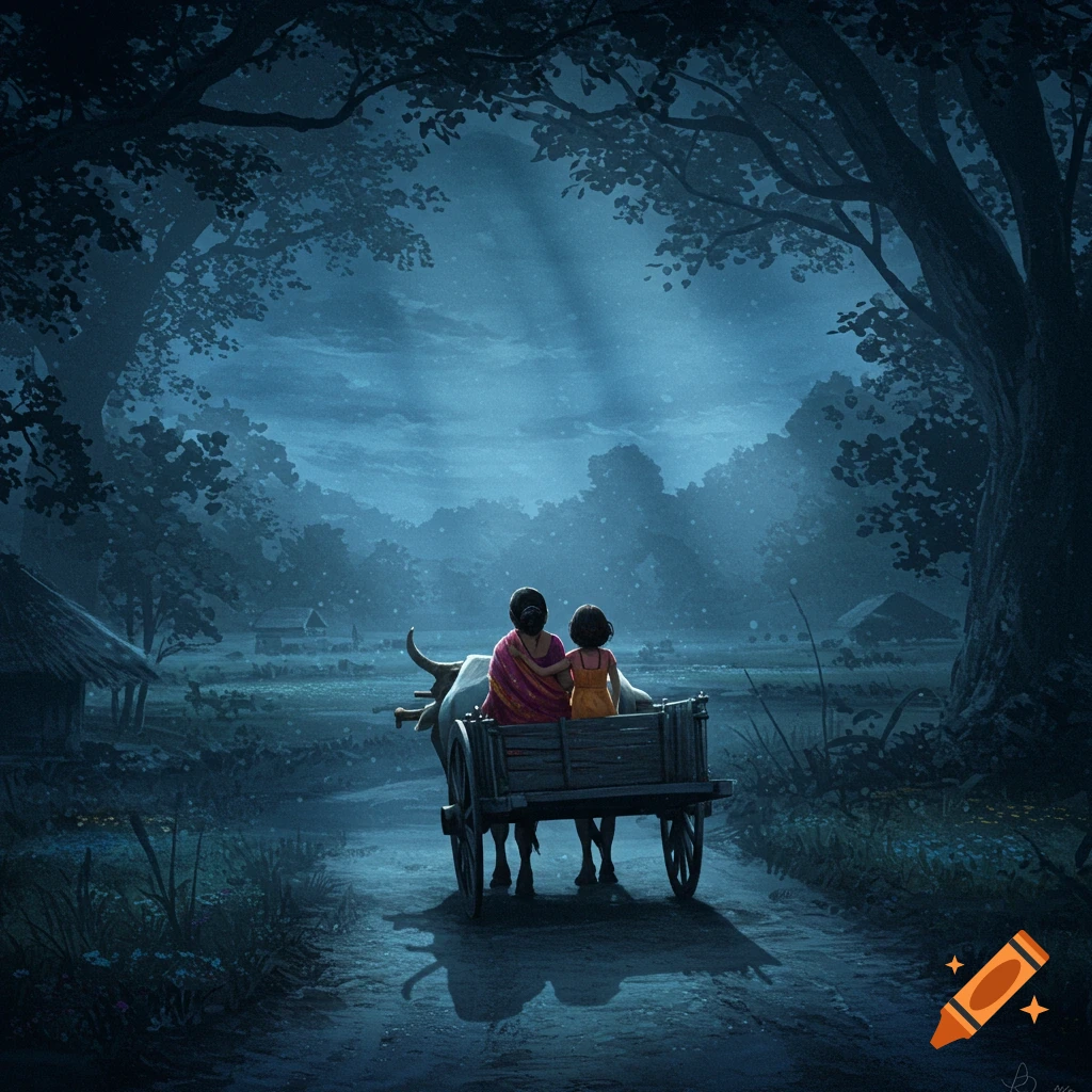 Stylized painting of a mother and child riding a bullock cart down a dirt road at night, surrounded by dark trees under moonlight.