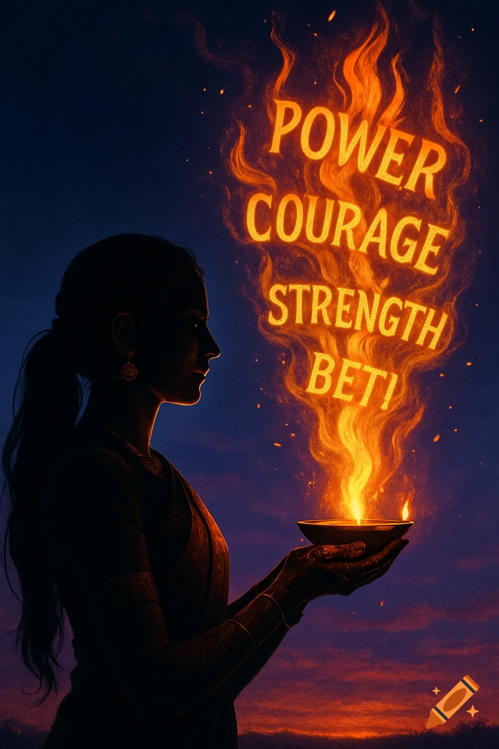 Silhouette of a woman holding a lamp, with fiery words 'POWER COURAGE STRENGTH BETI' rising into the twilight sky.