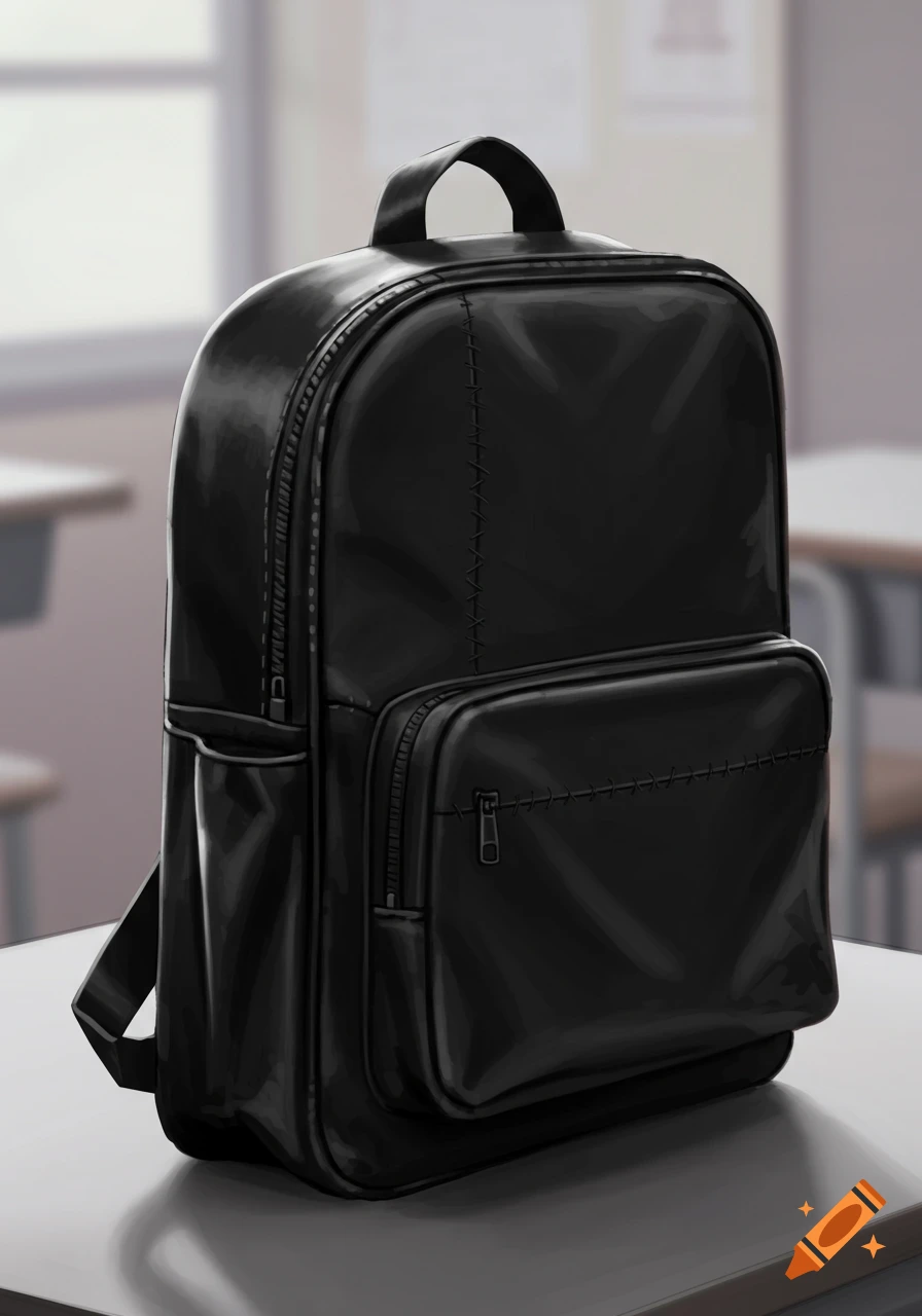 A glossy black backpack with visible zippers and stitching rests on a desk in a classroom, digital illustration.