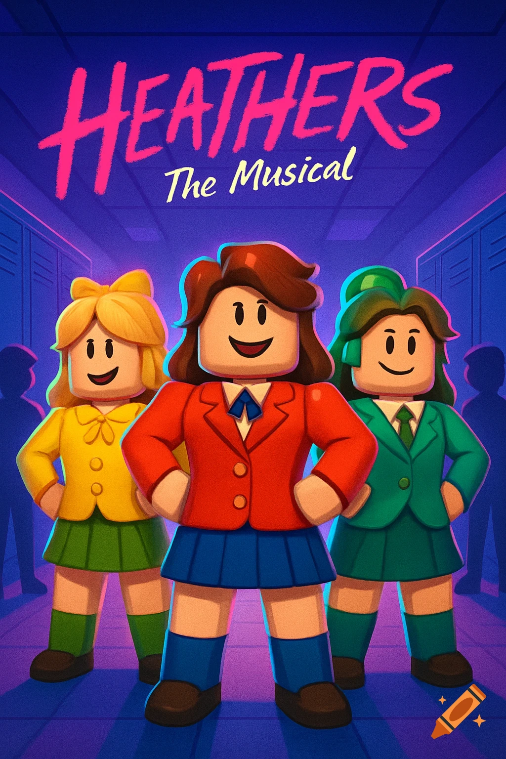 Three Roblox-style female characters in school uniforms stand in a vibrant school hallway under the title 'Heathers The Musical'.