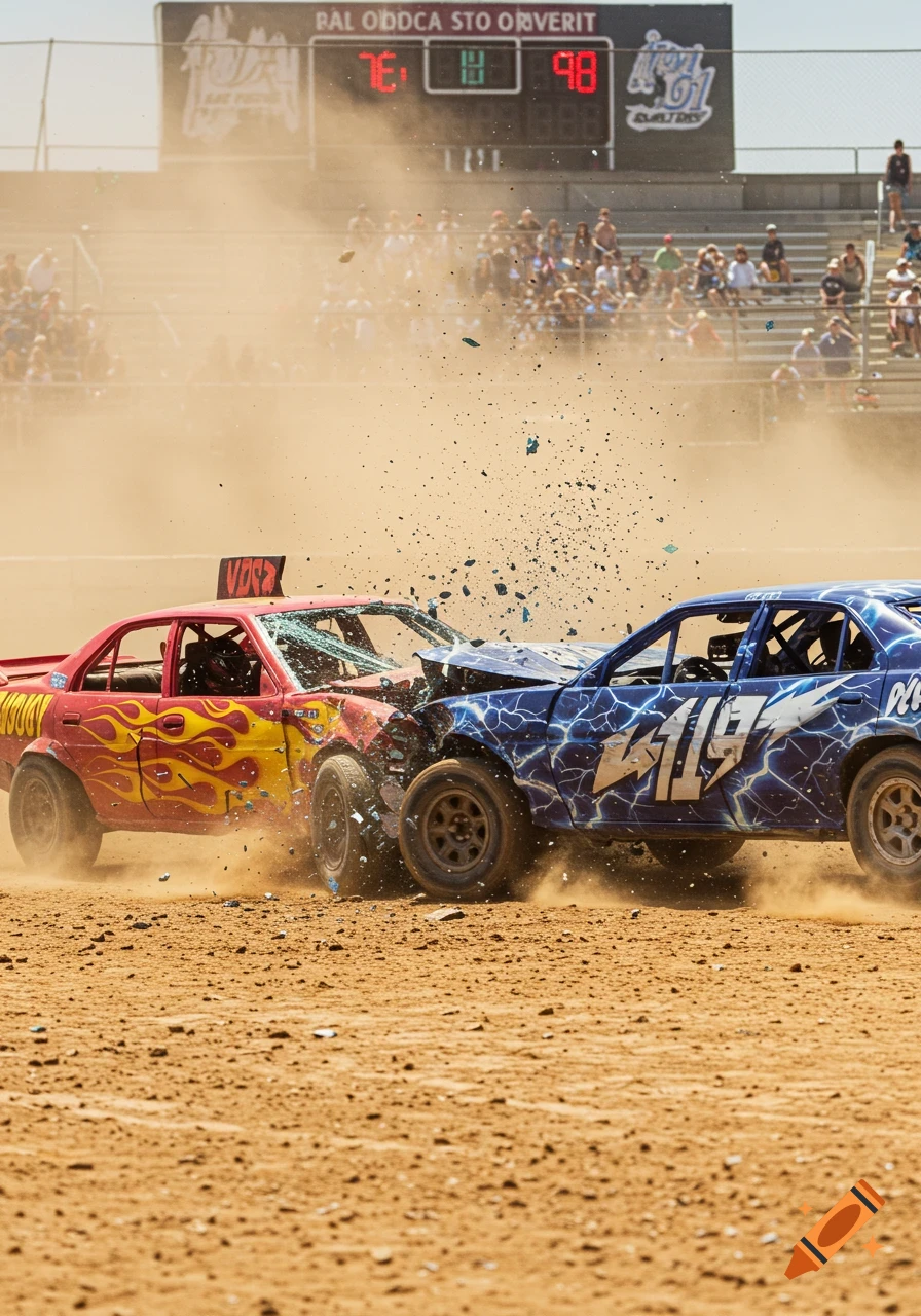 Two brightly painted demolition derby cars collide violently on a dusty track, sending debris flying under a scoreboard.