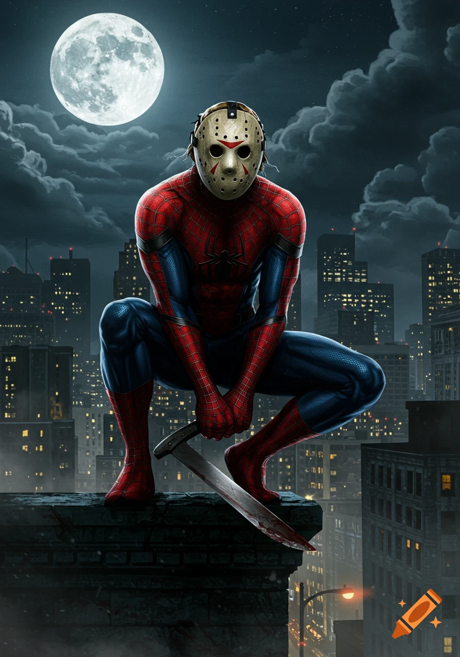 Spider-Man in a Jason Voorhees mask crouches on a city rooftop with a bloody machete under a full moon.