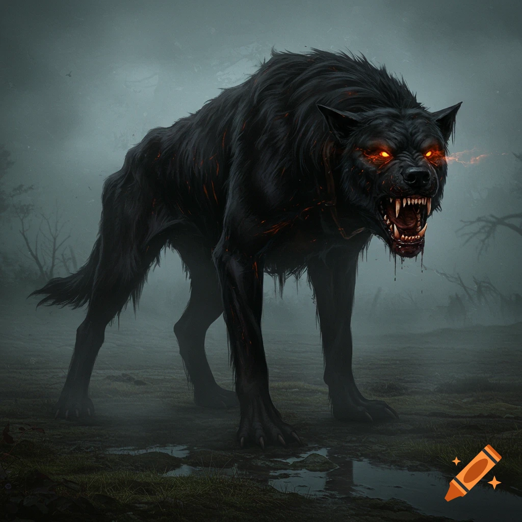 A massive, terrifying black spectral dog with glowing orange eyes and sharp teeth stands in a misty, dark forest.