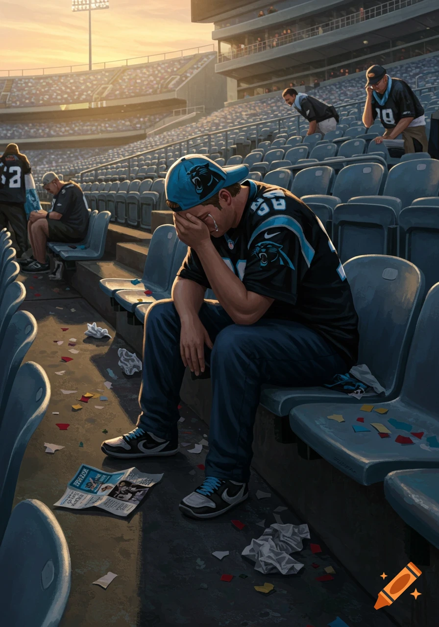 A dejected Carolina Panthers fan cries with his face in his hands in a stadium after a loss, surrounded by other sad fans.